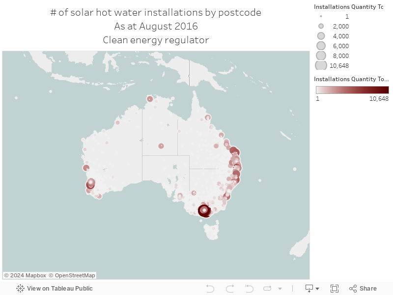 # of solar hot water installations by postcodeAs at August 2016Clean energy regulator 