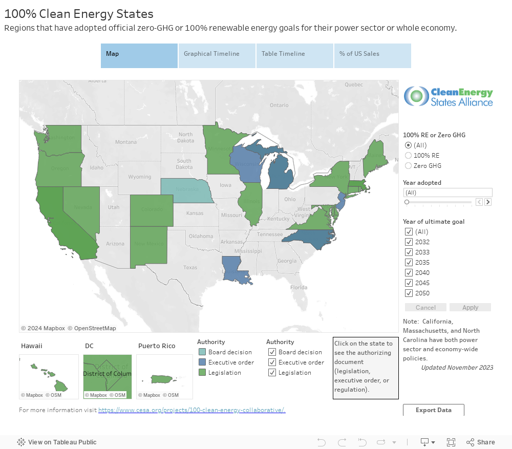 100% Clean Energy StatesRegions that have adopted official zero-GHG or 100% renewable energy goals for their power sector or whole economy. 