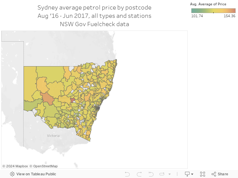 Sydney average petrol price by postcodeAug '16 - Jun 2017, all types and stationsNSW Gov Fuelcheck data 