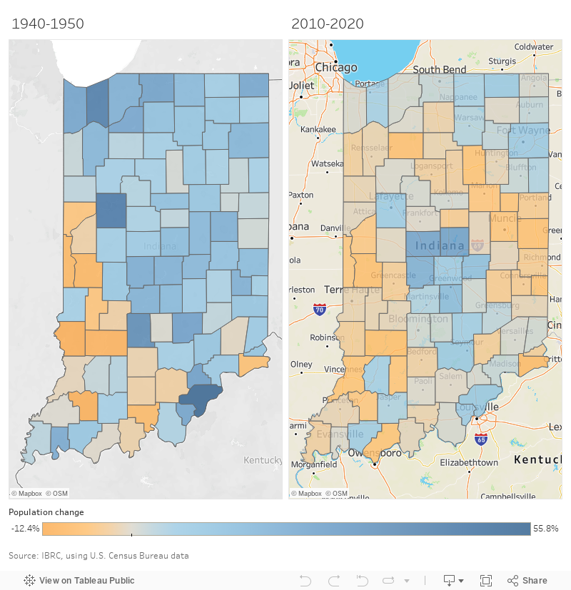Indiana county population change maps for 1940-1950 and 2010-2020