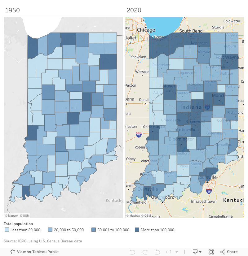 Indiana county population maps for 1950 and 2020