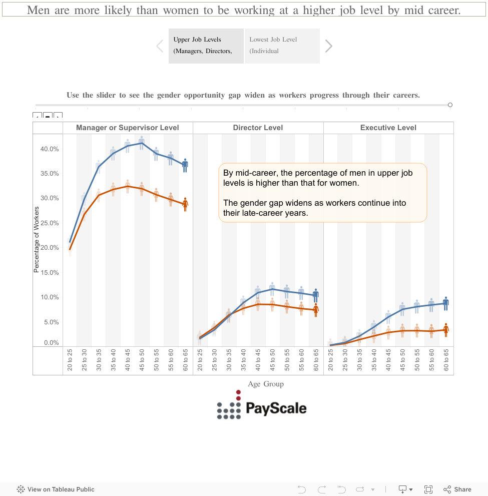 Men are more likely than women to be working at a higher job level by mid career. 