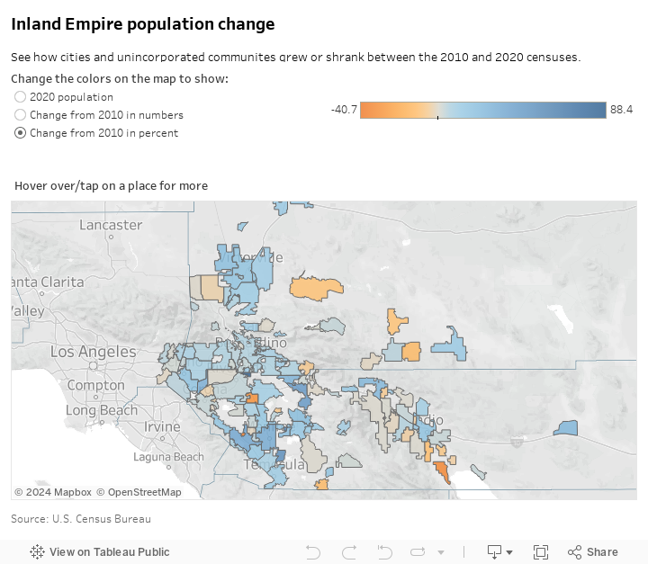 Inland Empire population change See how cities and unincorporated communites grew or shrank between the 2010 and 2020 censuses. 