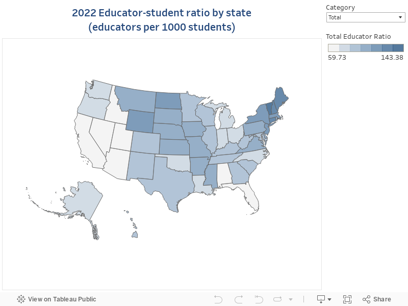 2022 Educator-student ratio by state(educators per 1000 students) 