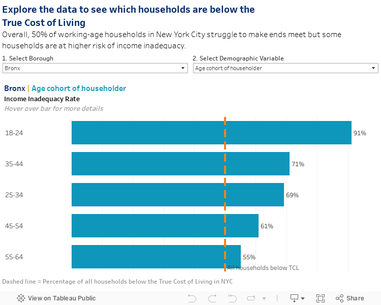 Explore the data to see which households are below theTrue Cost of LivingOverall, 50% of working-age households in New York City struggle to make ends meet but some households are at higher risk of income inadequacy. 