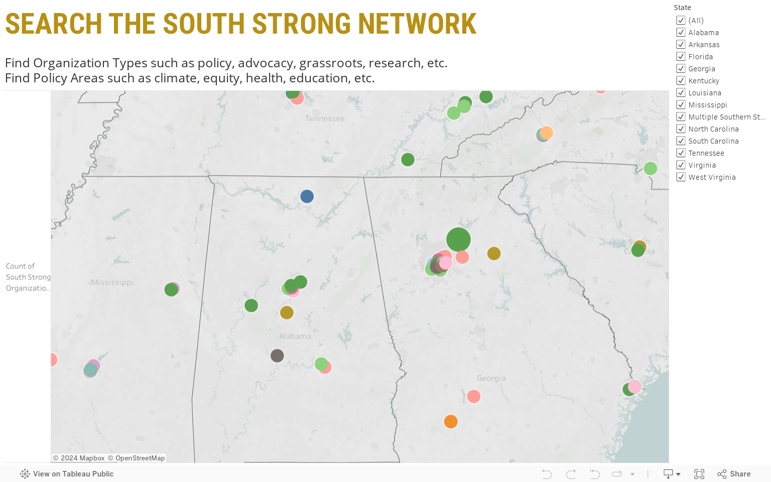 SEARCH THE SOUTH STRONG NETWORKFind Organization Types such as policy, advocacy, grassroots, research, etc.Find Policy Areas such as climate, equity, health, education, etc.  