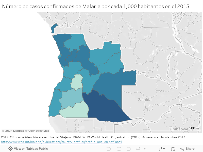 Número de casos confirmados de Malaria por cada 1,000 habitantes en el 2015. 