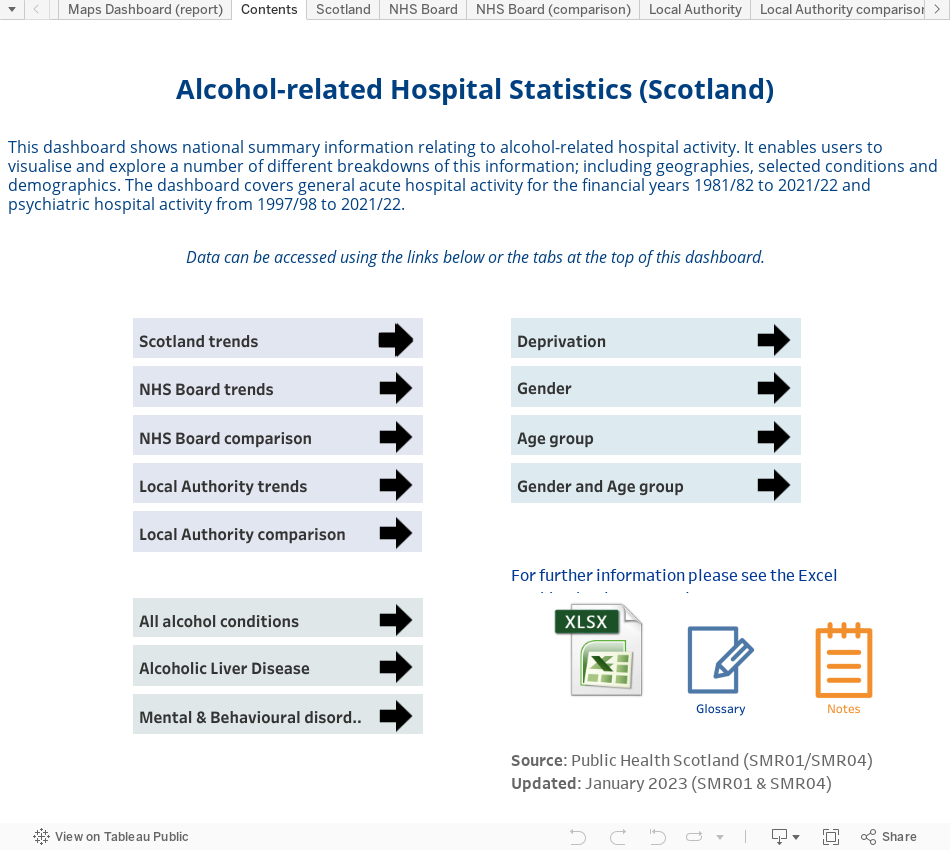 Alcohol-related Hospital Statistics (Scotland)This dashboard shows national summary information relating to alcohol-related hospital activity. It enables users to visualise and explore a number of different breakdowns of this information; including geog 