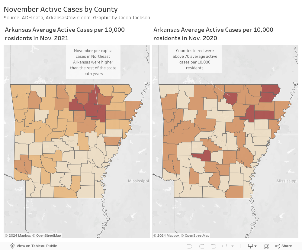 November Active Cases by CountySource: ADH data, ArkansasCovid.com. Graphic by Jacob Jackson 