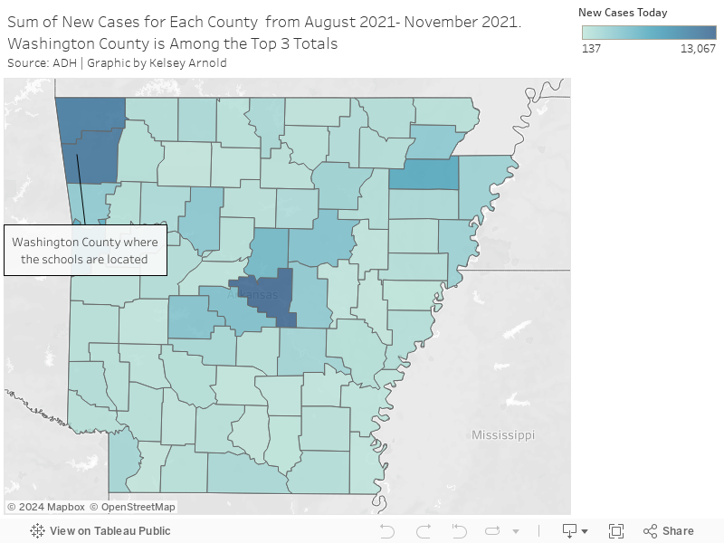 Sum of New Cases for Each County  from August 2021- November 2021.Washington County is Among the Top 3 TotalsSource: ADH | Graphic by Kelsey Arnold 