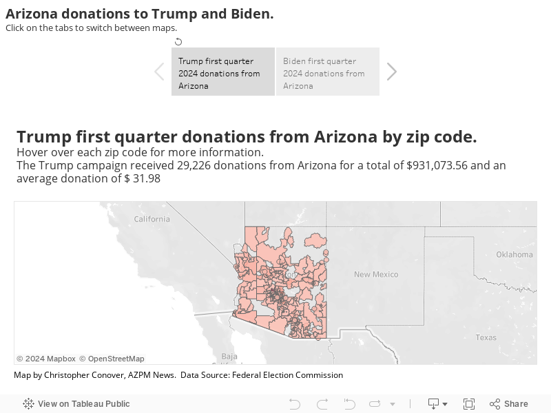 Arizona donations to Trump and Biden.Click on the tabs to switch between maps. 