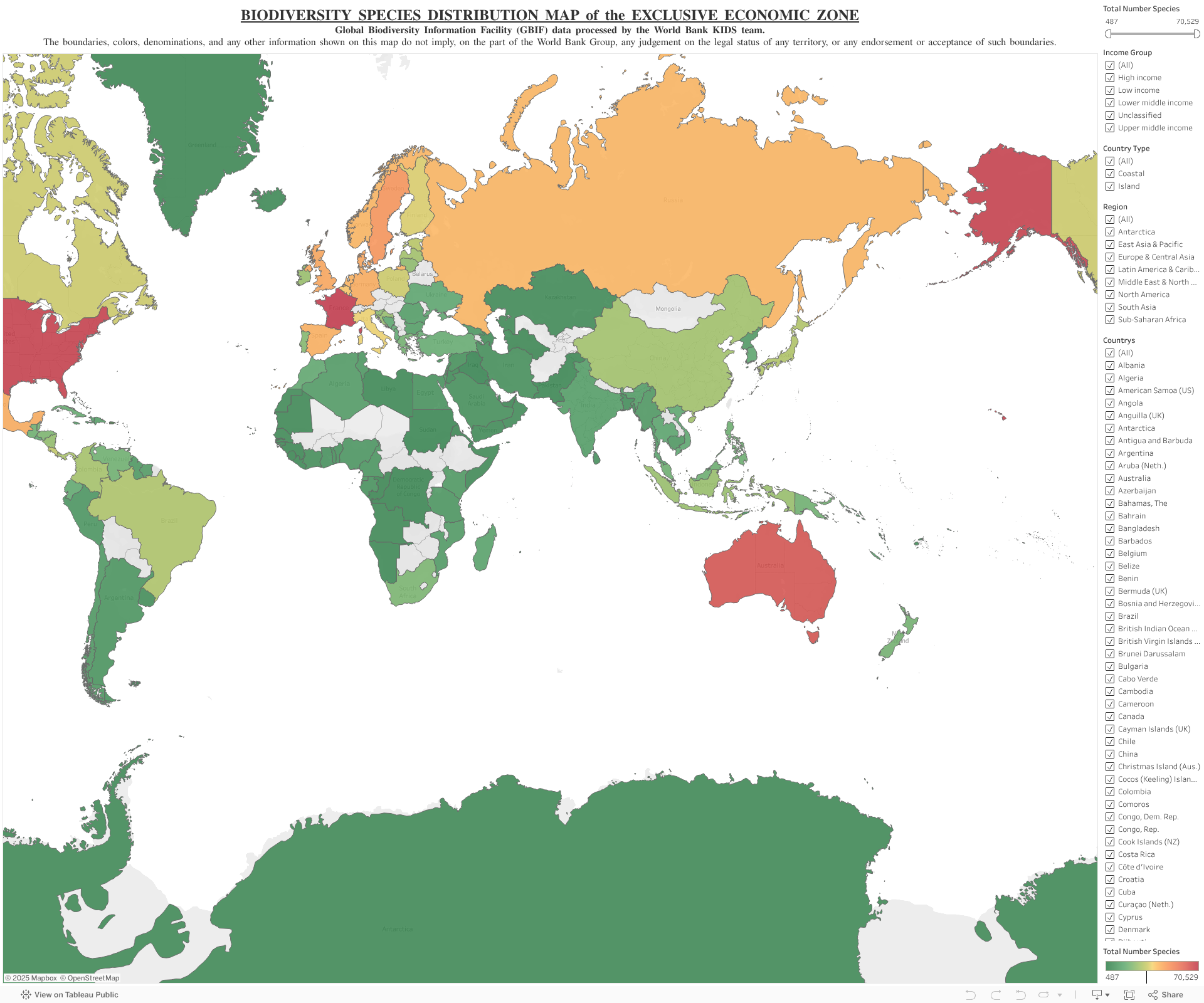 BIODIVERSITY SPECIES DISTRIBUTION MAP of the EXCLUSIVE ECONOMIC ZONEGlobal Biodiversity Information Facility (GBIF) data processed by the World Bank KIDS team.The boundaries, colors, denominations, and any other information shown on this map do not imply, on the part of the World Bank Group, any judgement on the legal status of any territory, or any endorsement or acceptance of such boundaries. 