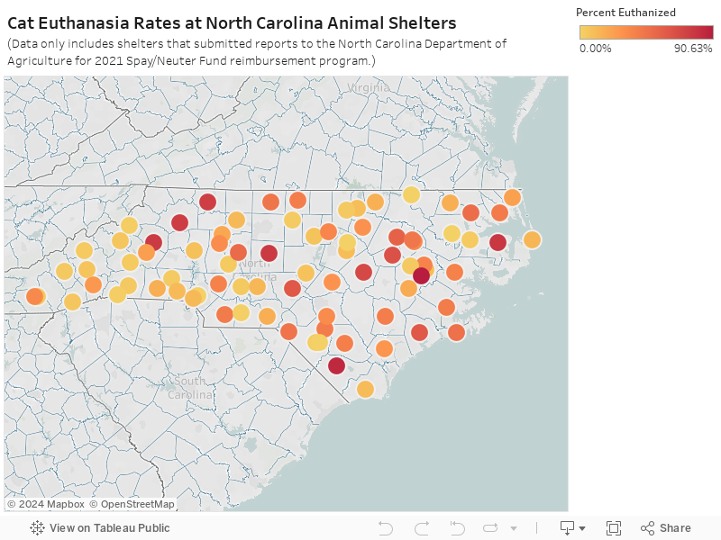 Cat Euthanasia Rates at North Carolina Animal Shelters(Data only includes shelters that submitted reports to the North Carolina Department of Agriculture for 2021 Spay/Neuter Fund reimbursement program.) 