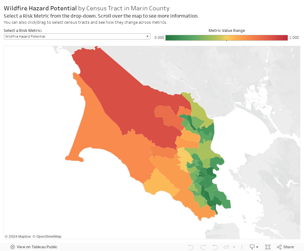 Wildfire Hazard Potential by Census Tract in Marin CountySelect a Risk Metric from the drop-down. Scroll over the map to see more information. You can also click/drag to select census tracts and see how they change across metrics. 