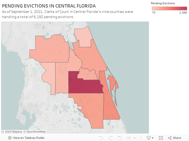 PENDING EVICTIONS IN CENTRAL FLORIDAAs of September 1, 2021, Clerks of Court in Central Florida's nine counties were handling a total of 10,486 pending evictions. 