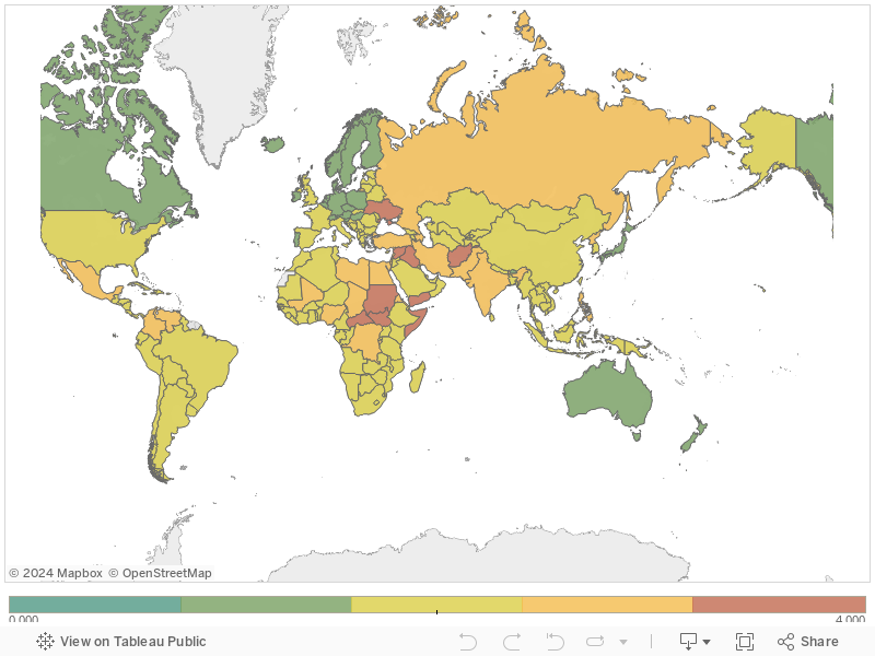 Map of global peace levels, measured with Global Peace Index scores by country 