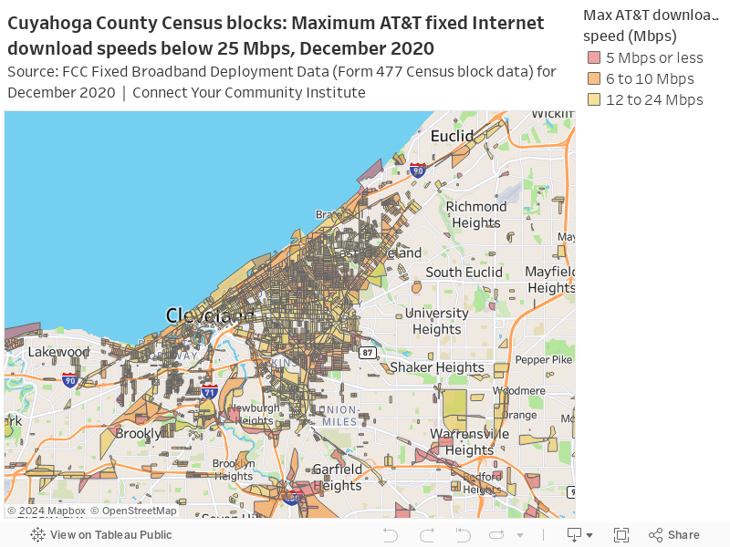 Cuyahoga County Census blocks: Maximum AT&T fixed Internet download speeds below 25 Mbps, December 2020Source: FCC Fixed Broadband Deployment Data (Form 477 Census block data) for December 2020  |  Connect Your Community Institute 