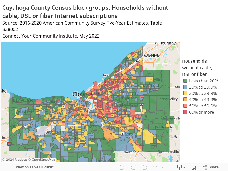 Cuyahoga County Census block groups: Households without cable, DSL or fiber Internet subscriptionsSource: 2016-2020 American Community Survey Five-Year Estimates, Table B28002 Connect Your Community Institute, May 2022 