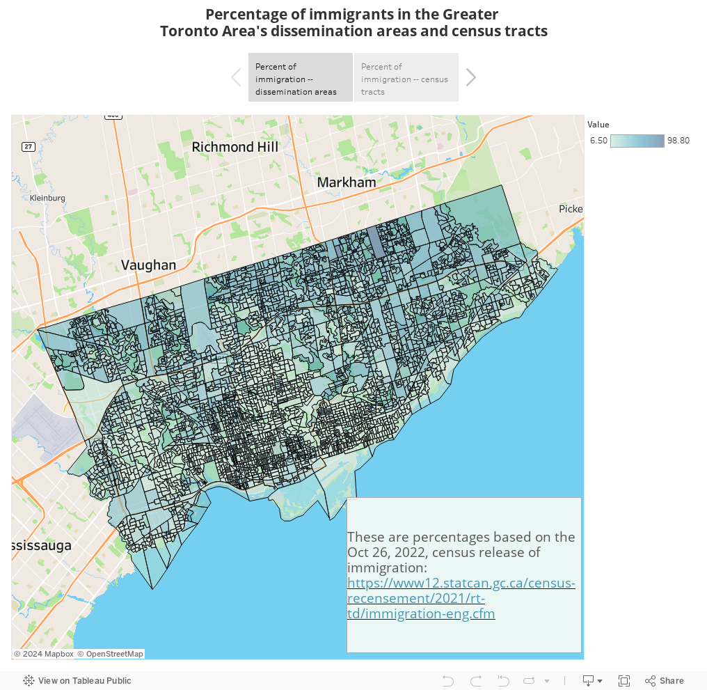 Percentage of immigrants in the Greater Toronto Area's dissemination areas and census tracts 