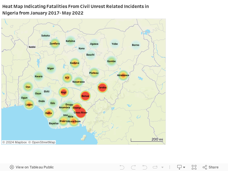 Density Map Indicating Fatalities From Civil Unrest Related Incidents Within States in Nigeria from January 2017- May 2022 