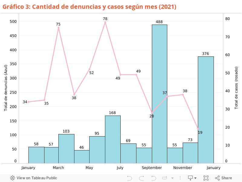 Gráfico 3: Cantidad de denuncias y casos según mes (2021) 