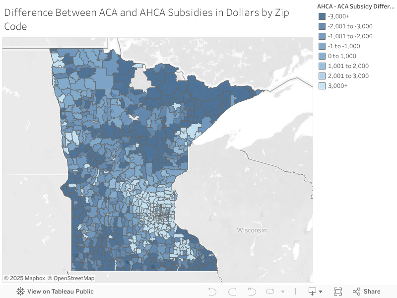 Difference Between ACA and AHCA Subsidies in Dollars by Zip Code 