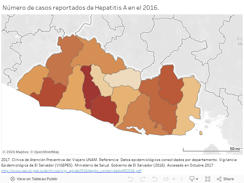 Número de casos reportados de Hepatitis A en el 2016. 