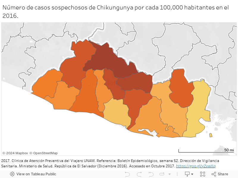 Número de casos sospechosos de Chikungunya por cada 100,000 habitantes en el 2016. 