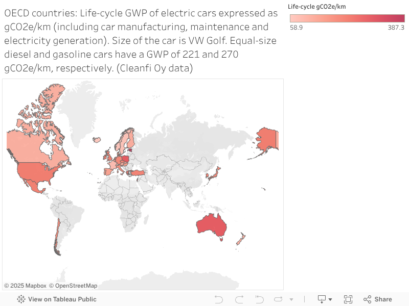 OECD countries: Life-cycle GWP of electric cars expressed as gCO2e/km (including car manufacturing, maintenance and electricity generation). Size of the car is VW Golf. Equal-size diesel and gasoline cars have a GWP of 221 and 270  gCO2e/km, respectively. 