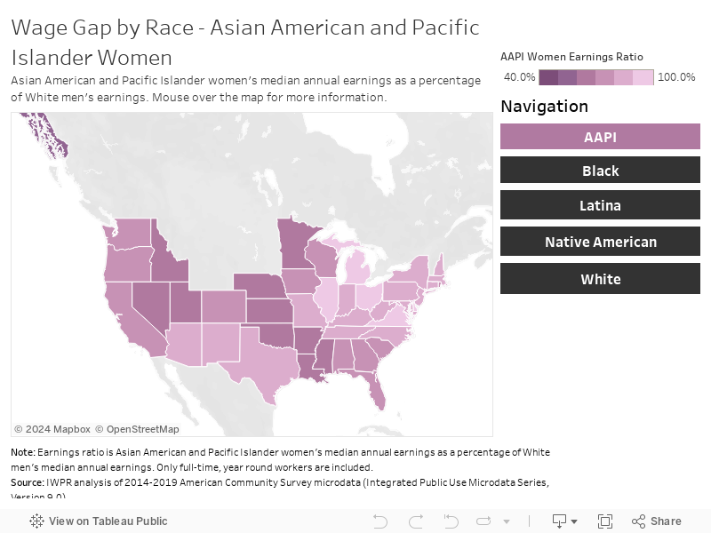 Wage Gap by Race - Asian American and Pacific Islander WomenAsian American and Pacific Islander women's median annual earnings as a percentage of White men's earnings. Mouse over the map for more information. 