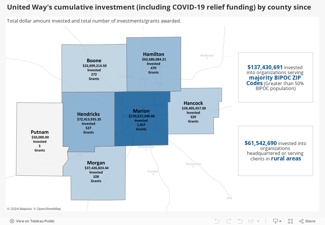 United Way's cumulative investment (including COVID-19 relief funding) into organizations headquartered in and/or serving clients in each county since 2017 