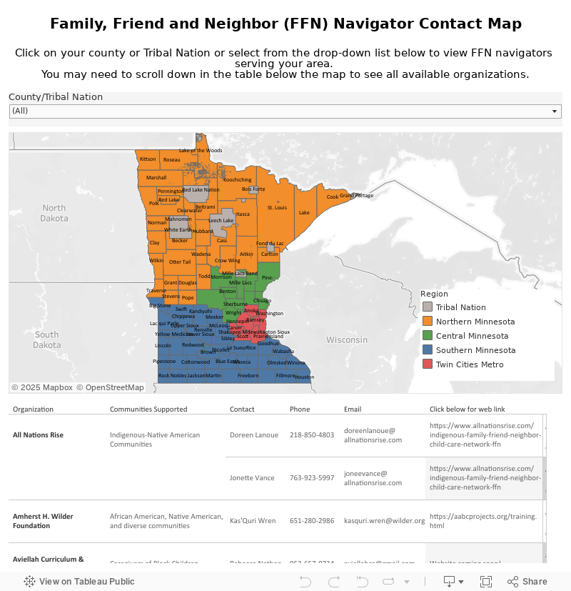 Family, Friend and Neighbor (FFN) Navigator Contact MapClick on your county or Tribal Nation or select from the drop-down list below to view FFN navigators serving your area. 