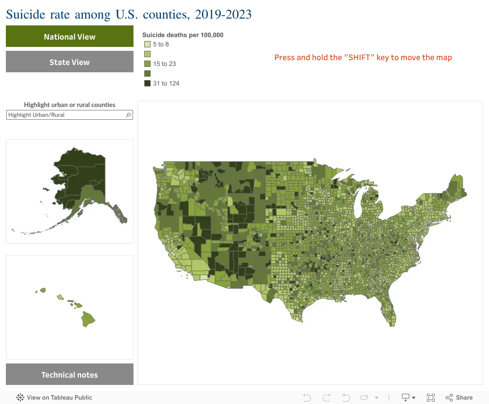 Suicide rate among U.S. counties, 2019-2023
