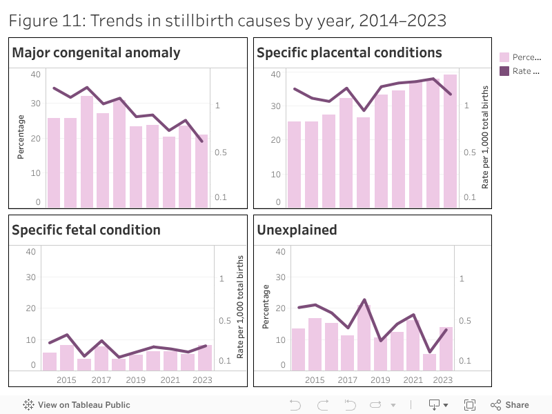 Figure 11: Trends in stillbirth causes by year, 2014–2023. 
