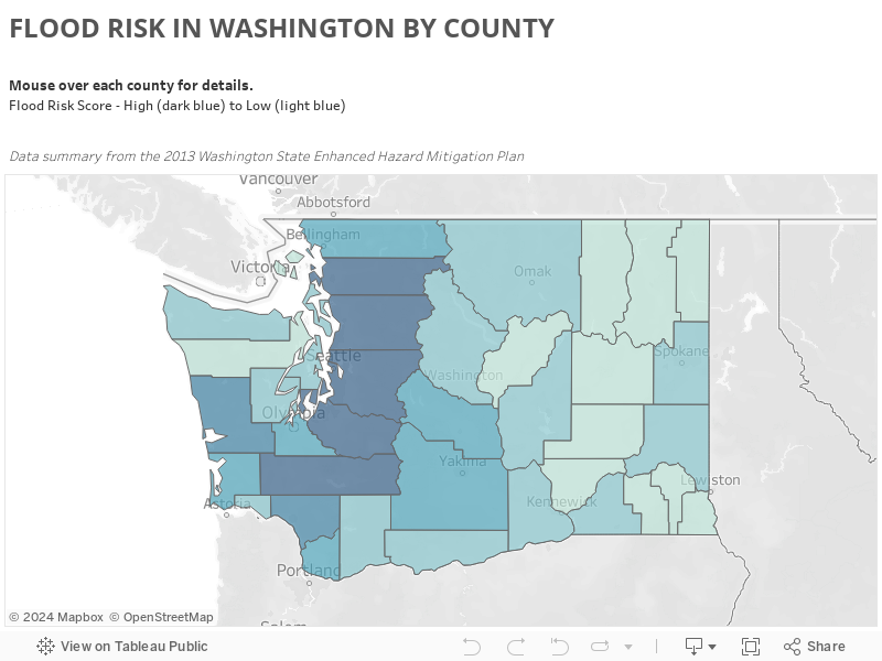 Flood Risk in WashingtonThis map highlights in dark blue the five most flood prone counties in Washington: King, Snohomish, Pierce, Lewis, and Skagit. Flooding is the most prevalent natural hazard facing Washington State residents, and the most expensive 