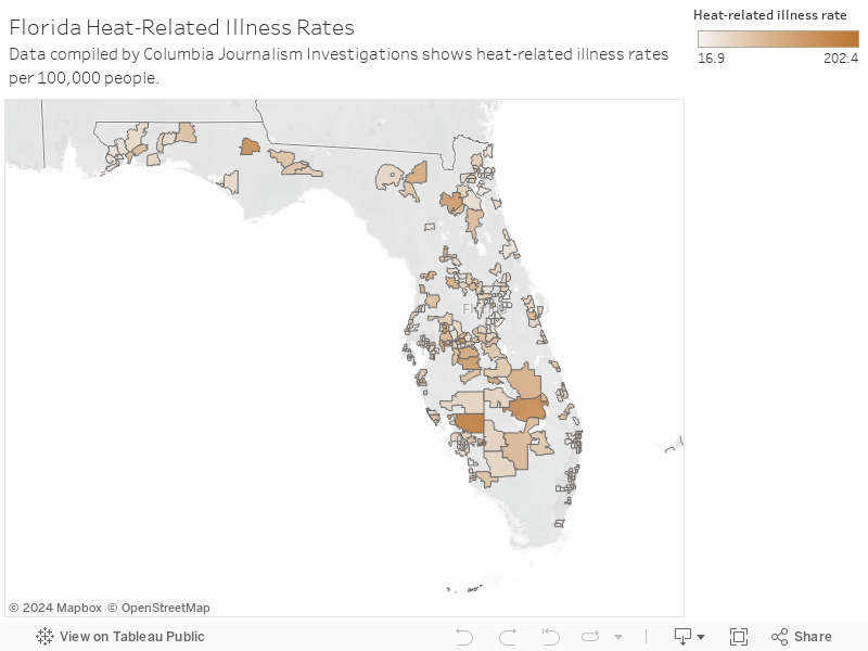 Florida Heat-Related Illness RatesData compiled by Columbia Journalism Investigations shows heat-related illness rates per 100,000 people. 