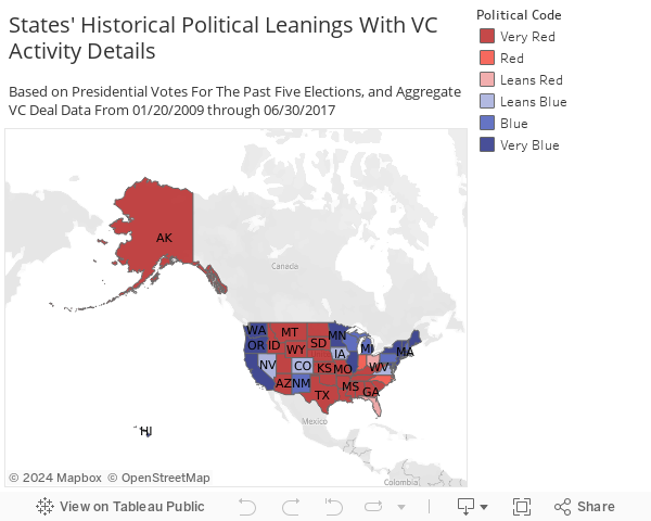 States' Historical Political Leanings With VC Activity DetailsBased on Presidential Votes For The Past Five Elections, and Aggregate VC Deal Data From 01/20/2009 through 06/30/2017 