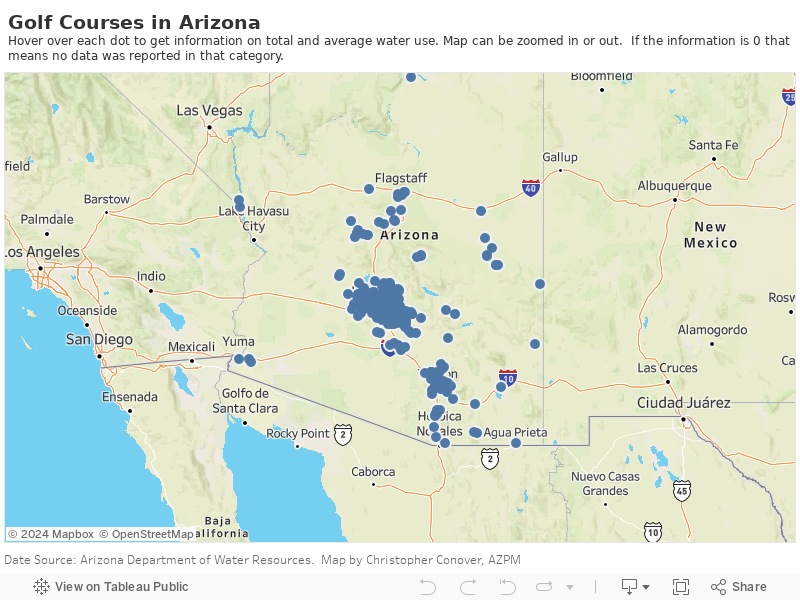 Golf Courses in ArizonaHover over each dot to get information on total and average water use. Map can be zoomed in or out.  If the information is 0 that means no data was reported in that category. 