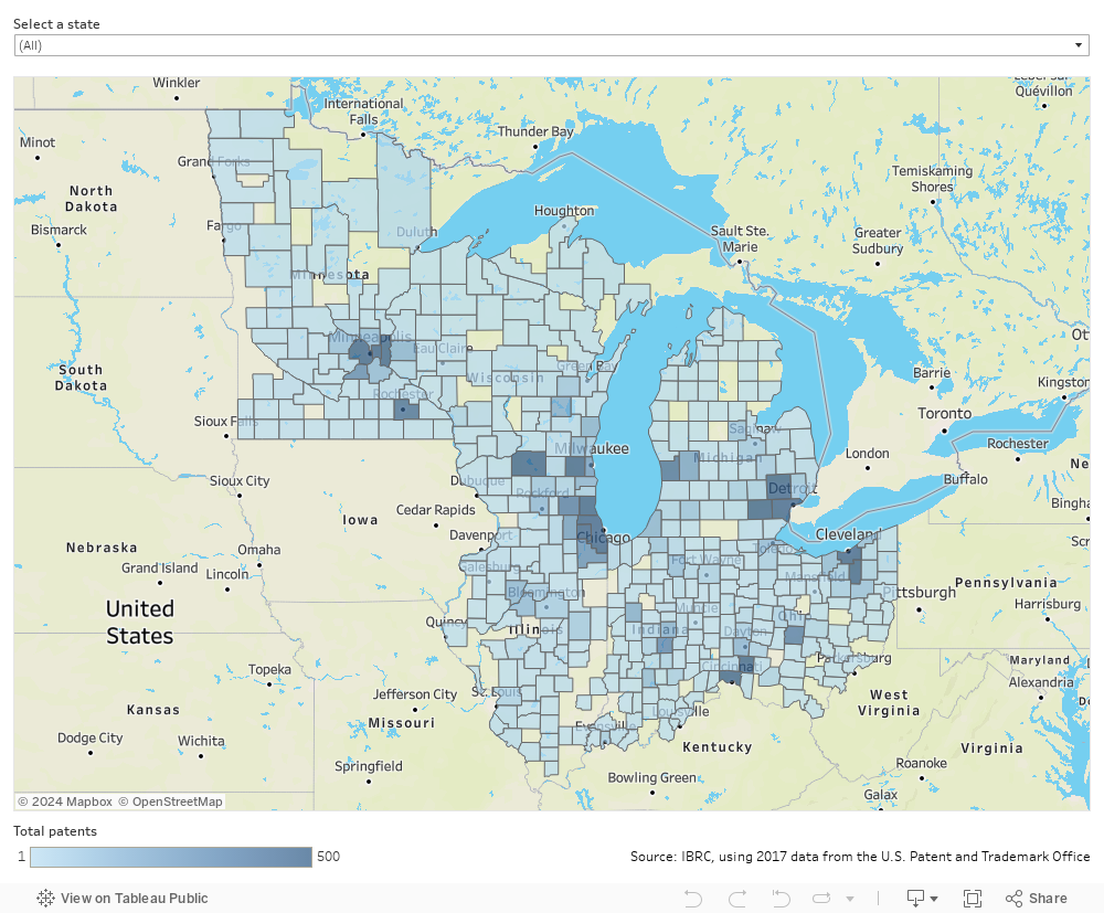 Interactive map showing total patents for all counties in the Great Lakes states