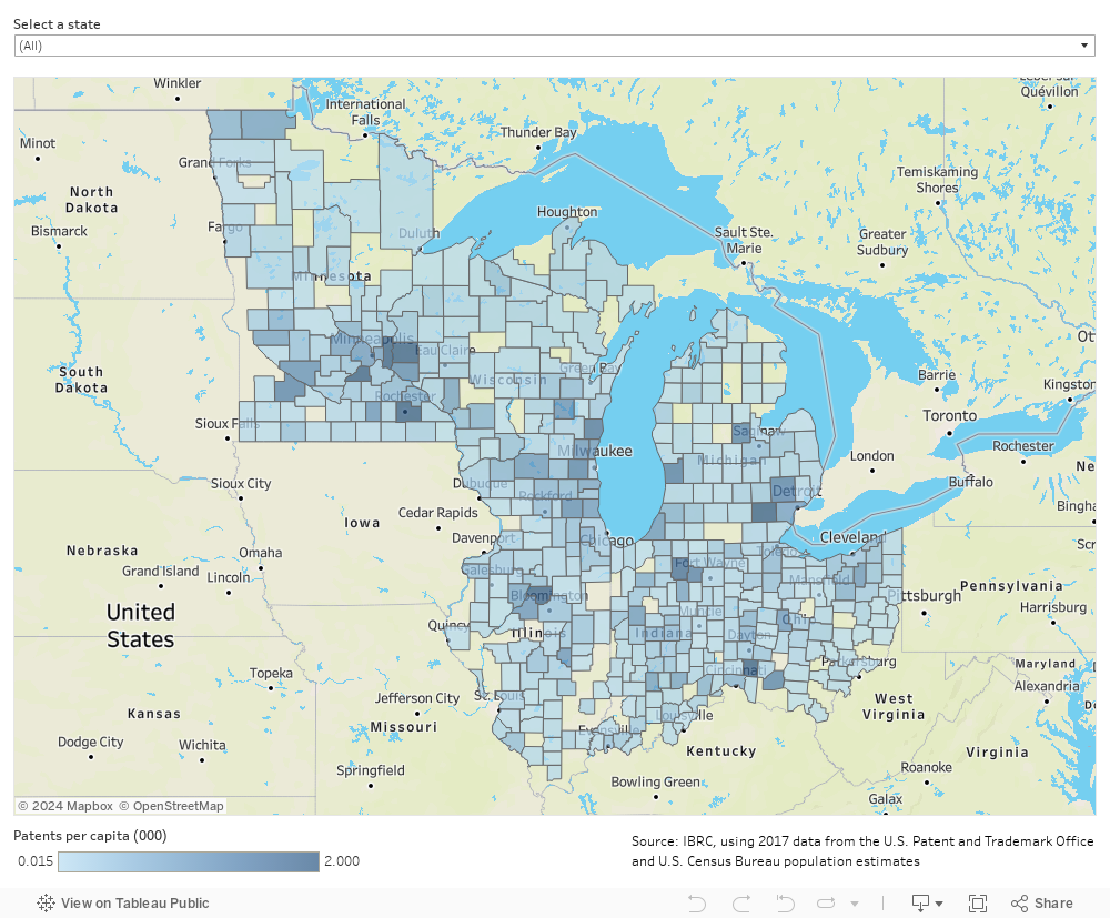 Interactive map showing patents per capita for all counties in the Great Lakes states