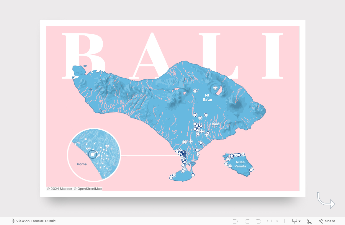 A postcard-like visualization shows Bali in blue, surrounded by pink sea. Dots mark the places the author visited, with one area highlighted as busy and magnified to show the author's villa.
