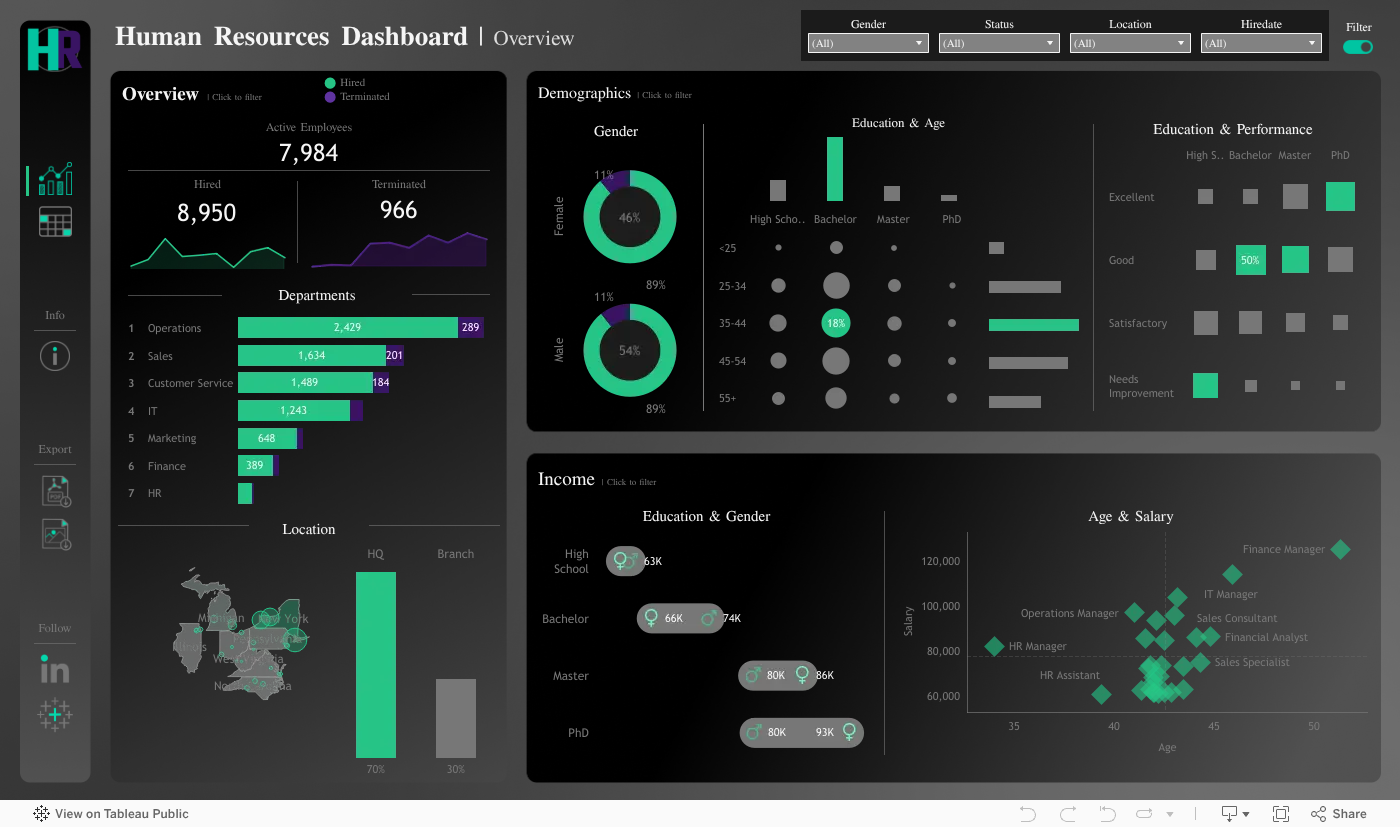 HR Summary dashboard with workforce, demographics, and income views.