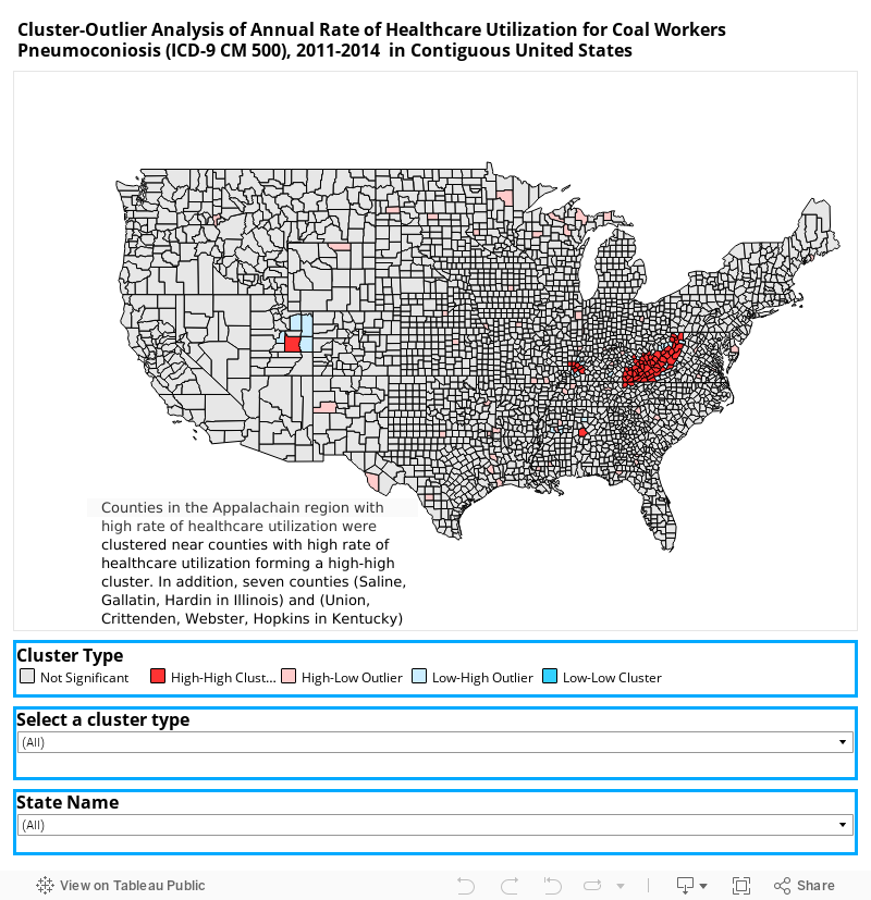 Figure 2. Cluster-Outlier Analysis of Annual Rate of Healthcare Utilization for Coal Workers Pneumoconiosis (ICD-9 CM 500), 2011-2014 in the Contiguous United States