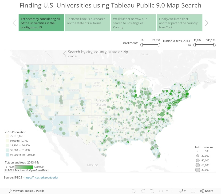 Finding U.S. Universities using Tableau Public 9.0 Map Search 