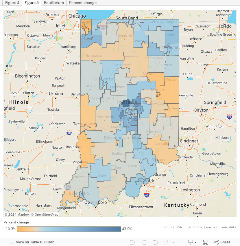 Map of Indiana house districts, showing change ranging from -10.3% to 43.5% 