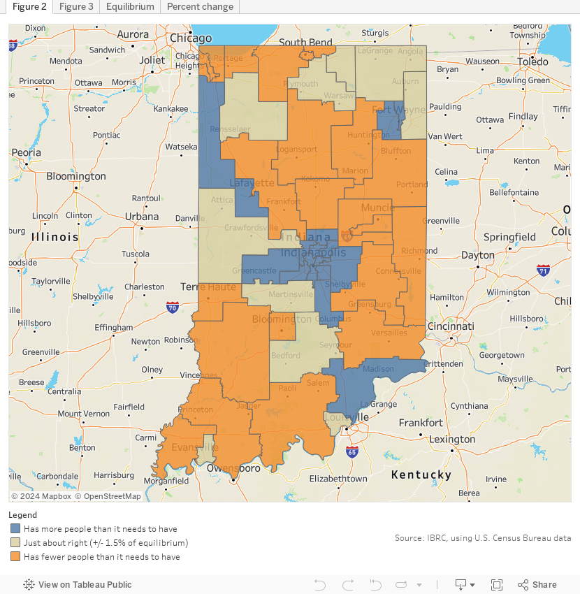 Map of Indiana senate districts, showing which have more people than they need and which have fewer people than they need