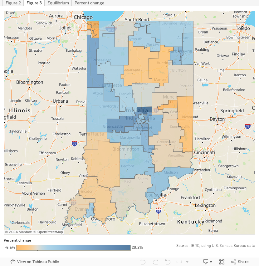 Map of Indiana senate districts, showing change ranging from -6.5% to 29.3%