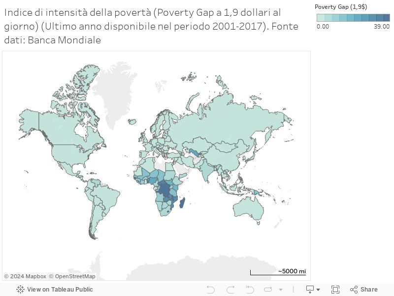 Indice di intensità della povertà (Poverty Gap a 1,9 dollari al giorno) (Ultimo anno disponibile nel periodo 2001-2017). Fonte dati: Banca Mondiale 