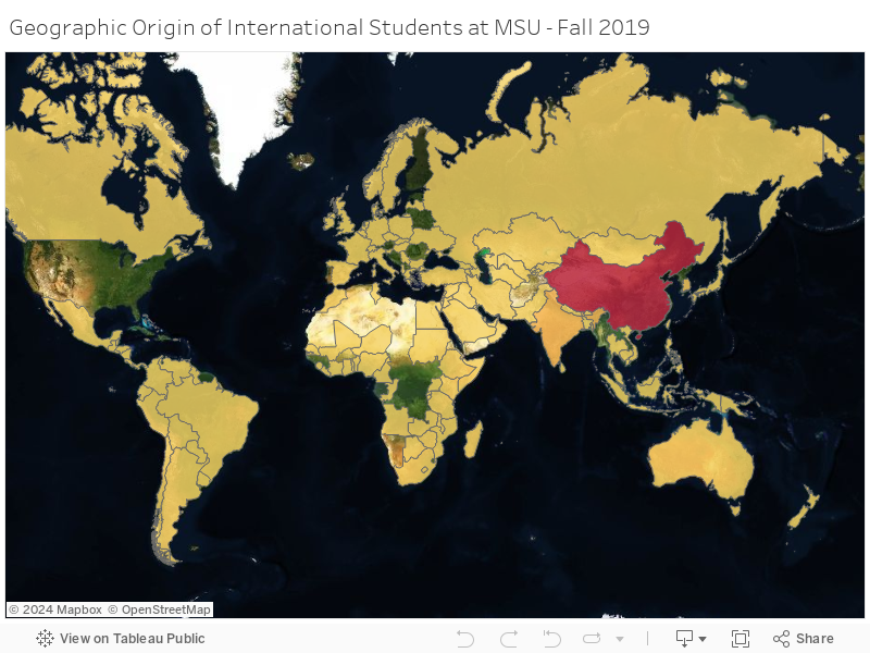 Geographic Origin of International Students at MSU - Fall 2019 