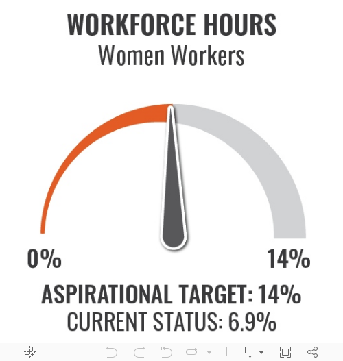 Graphic showing women accounting for 6 percent of total workforce hours. The aspirational target is 14 percent.